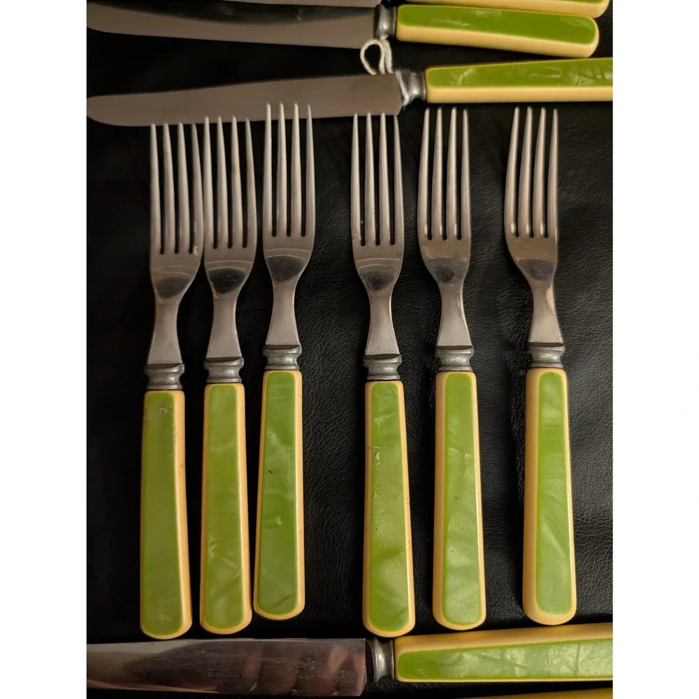 Vintage Sta-Brite Stainless Flatware 12pc Set Green Marbled Celluloid Handles